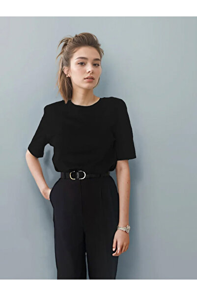 poupee Черна тениска с подплатени рамене, Дамска тениска с подплатени рамене, Памучна тениска от пениран памук