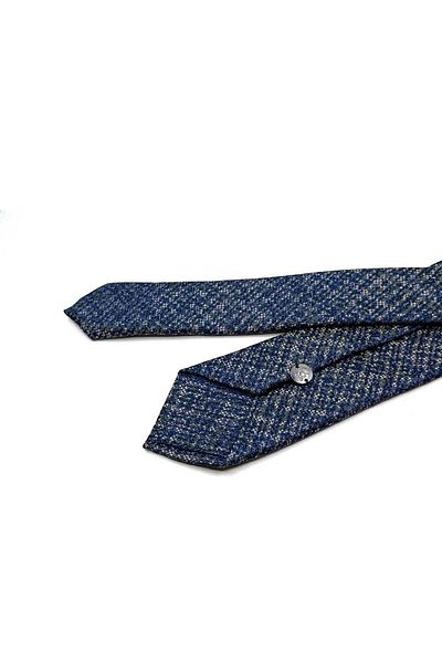 Kravatkolik Beige Sand Patterned Slim Navy Blue Tie - Sk8018