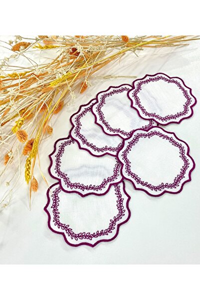 İNCİ ÇEYİZ 6 Pieces Linen Fabric Embroidered Coffee Side Cocktail Napkin & Coasters
