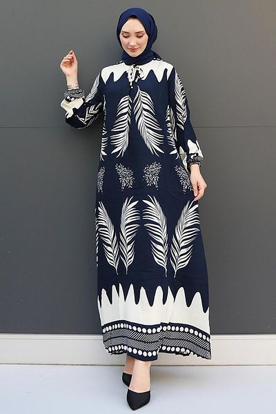 GİZ AGİYİM Φόρεμα Dark Navy Blue Leaf Hijab