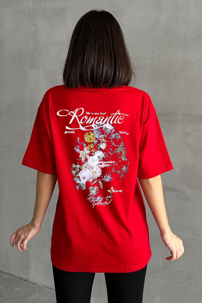 Stendhal Γυναικείο μπλουζάκι με κόκκινο ρομαντικό εμπριμέ με λαιμόκοψη