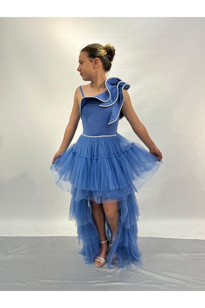 BUTİKHAPPYKİDS 10-15 Years Old Girl's Indigo Evening Dress - with Tail, Flywheel and Stone Embroidery