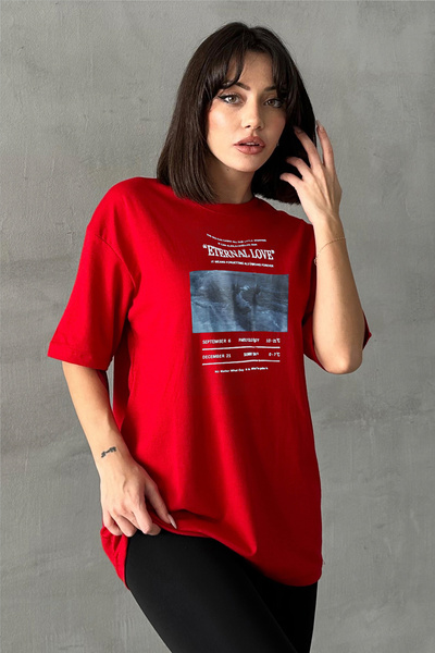 Stendhal تي شيرت نسائي ذو رقبة دائرية مطبوع عليه الحب الأبدي باللون الأحمر مق...