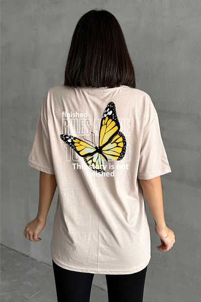 Stendhal Tricou oversize de damă, bej, cu imprimeu mare, cu decolteu rotund