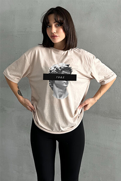 Stendhal Tricou oversize pentru damă, bej, 1985, cu imprimeu David Statue