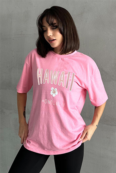 Stendhal Γυναικείο μπλουζάκι με ροζ χαβανέζικο εμπριμέ με λαιμόκοψη