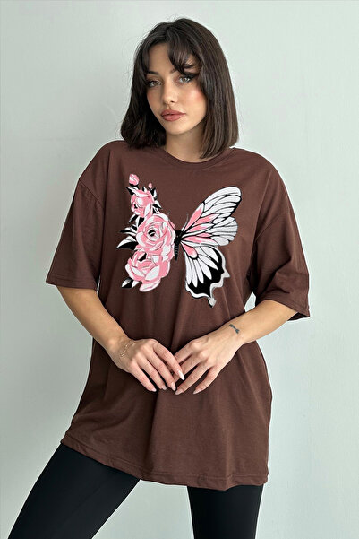 Stendhal Tricou oversize de damă, maro, cu imprimeu floral, cu decolteu rotund