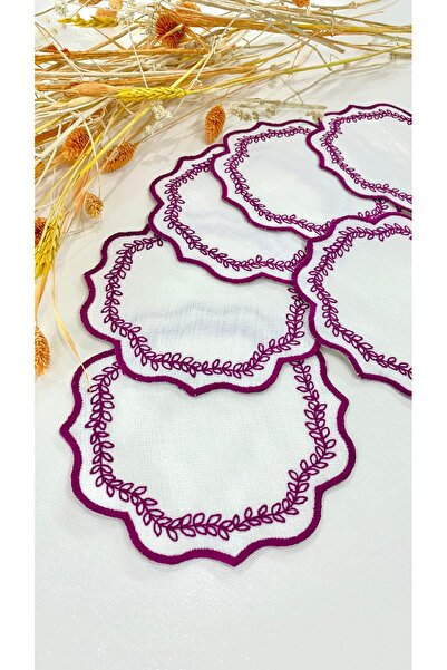 İNCİ ÇEYİZ 6 Pieces Linen Fabric Embroidered Coffee Side Cocktail Napkin & Coasters