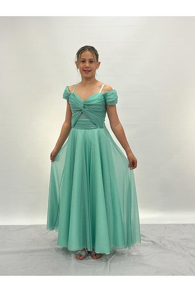BUTİKHAPPYKİDS Girl's Green Strap Shoulder Detailed Sparkly Tulle Long Evening Dress 10-15 Years