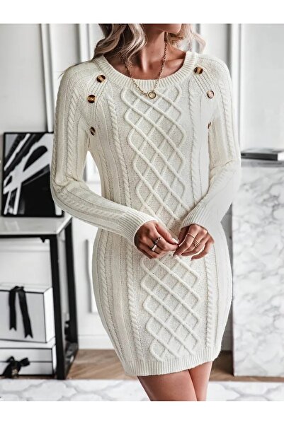 citystyle Πλεκτό φόρεμα με λαιμόκοψη από πέτρα, πλεκτό μαλλιών και μοτίβο ζακάρ, κομψό μοντέλο με λεπτομέρεια με κουμπί