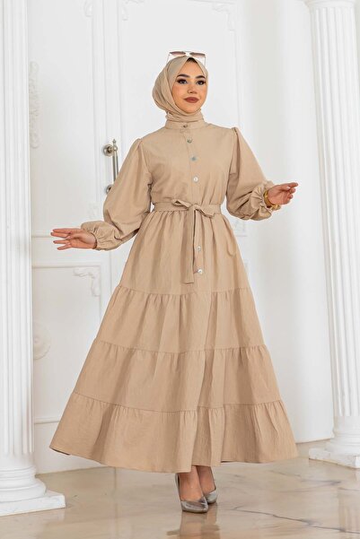 benguen Beige Embossed Print Button Dress 2120