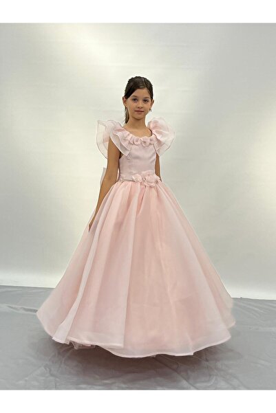 BUTİKHAPPYKİDS Kız Çocuk Abiye Pudra Kolları Fırfırlı Kasnaklı Gelinlik 2-11 Yaş