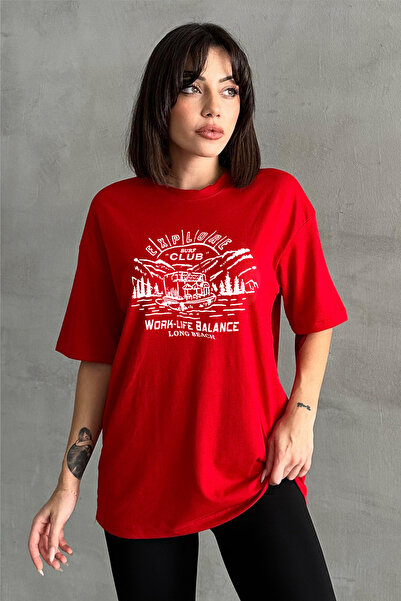 Stendhal Tricou oversize pentru damă, roșu, cu imprimeu Surf Club