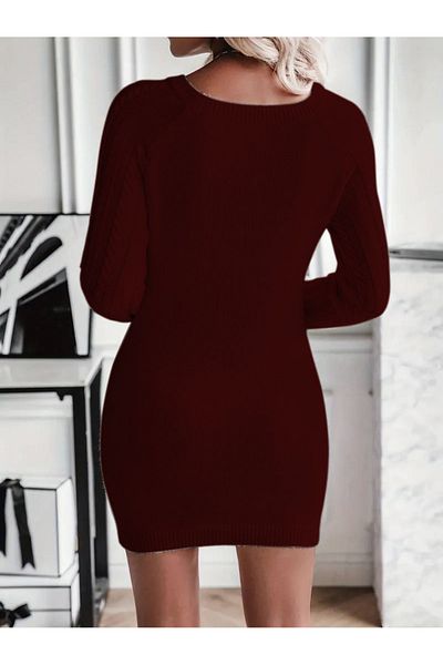 citystyle Rochie din tricot burgundă cu gât barcă, împletitură de păr și model jacquard, model elegant cu detaliu cu nasturi