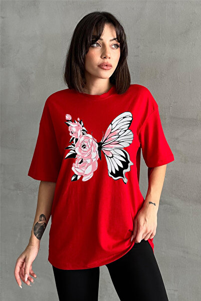 Stendhal Γυναικείο μπλουζάκι με κόκκινο φλοράλ πεταλούδα με στάμπα με λαιμόκοψη