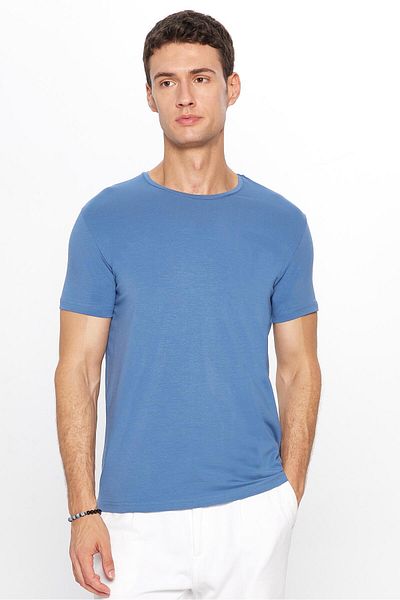 Tudors Tricou pentru bărbați, slim fit, din bumbac, cu textura moale, țesătură elastică, uni, de bază, albastru, cu decolteu