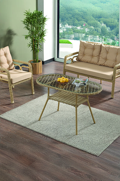 Evdemo Rio Rattan Bahçe Balkon Oturma Takımı 2+1+1+Camlı Masa Cappuccino