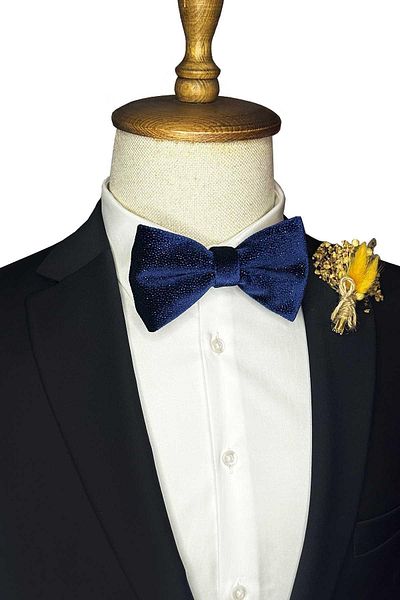 Kravatkolik Bow Tie P1901 - Navy Blue Glitter Velvet Groom Dress