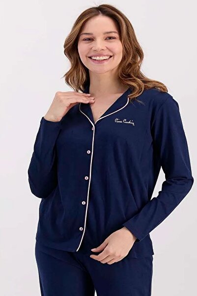 Pierre Cardin 7717 Kadın Modal Uzun Kollu Önden Düğmeli Pijama Takımı-Lacivert