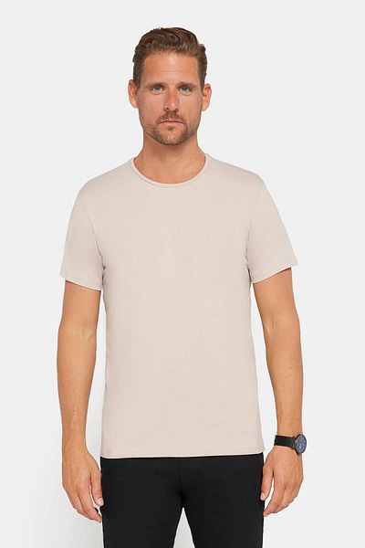 Tudors Men's Slim Fit Slim Fit Cotton Soft Texture Lycra Stretchy Fabric Plain Basic Stone Color Crew Neck