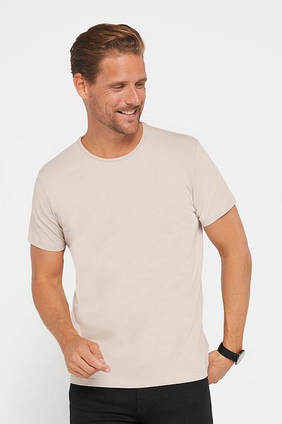 Tudors Men's Slim Fit Slim Fit Cotton Soft Texture Lycra Stretchy Fabric Plain Basic Stone Color Crew Neck