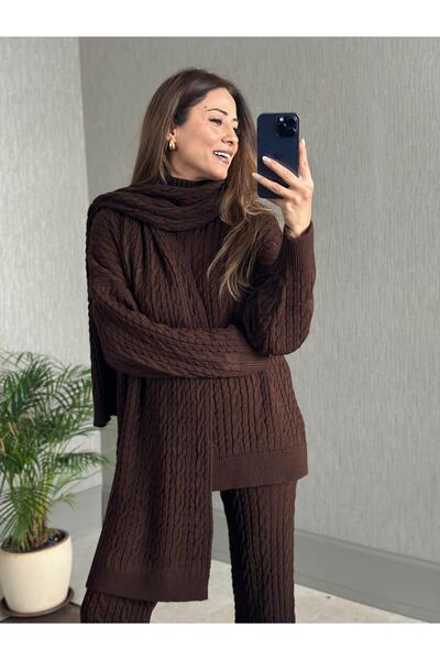 Forlady4 Păr maro tricotat bătătură pulover pantaloni set de tricotaje trei p...