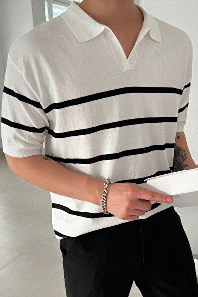 Tarz Cool Men's Buttoned Polo Neck Stripe Detailed Slim Fit Knitwear T-Shirt
