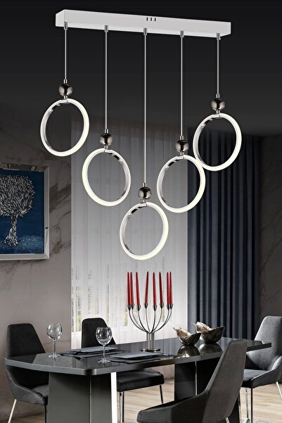 NZL Lighting Modern Beşli Yuvarlak Üç Renkli Krom Yemek Odası Ledli Avize ve ...