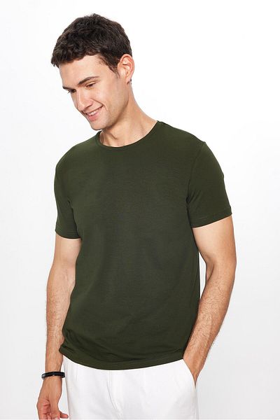 Tudors Men's Slim Fit Slim Fit Cotton Soft Texture Lycra Stretchy Fabric Basic Khaki Crew Neck T-Shirt