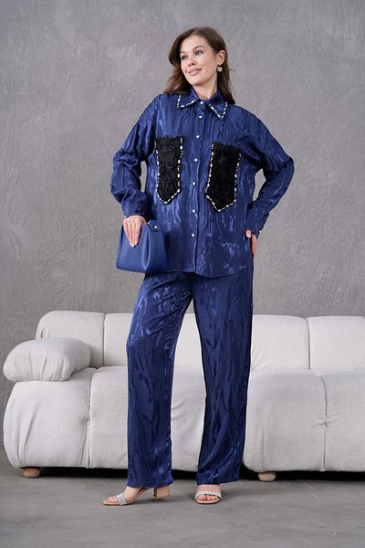 Miss Allos Women's Front Tulle Pocket Detailed Stone Embroidered Jacquard Shirt and Pants Bottom Top Set