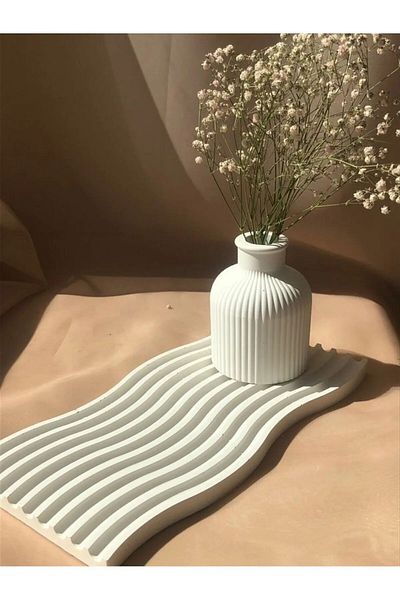 beautystyle Beige 25 cm Wave Model Concrete Presentation, Display Tray, Decorative Tray, Gift
