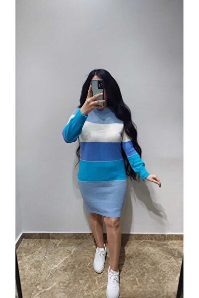 Nida Çelik Collection Çizgili Mavi Triko Elbise