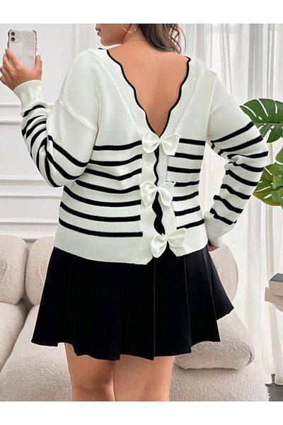 leyla sanat sanata yeni bir bakış açısı Leyla New Perspective on Art Women White Back Tie Detailed Line Pattern Knitwear Blouse