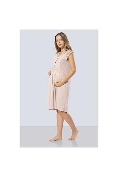 TÜREN 3296 Women's Powder Lace Detailed Short Sleeve Maternity Nightgown