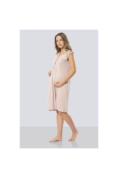 TÜREN 3296 Women's Powder Lace Detailed Short Sleeve Maternity Nightgown