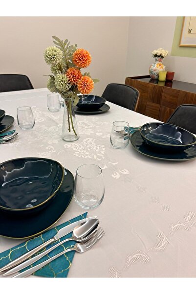 homease مفرش طاولة كريمي كبير الحجم بدون مشاكل |   مقاوم للاتساخات والسوائل |   مفرش طاولة جاكار كريمي