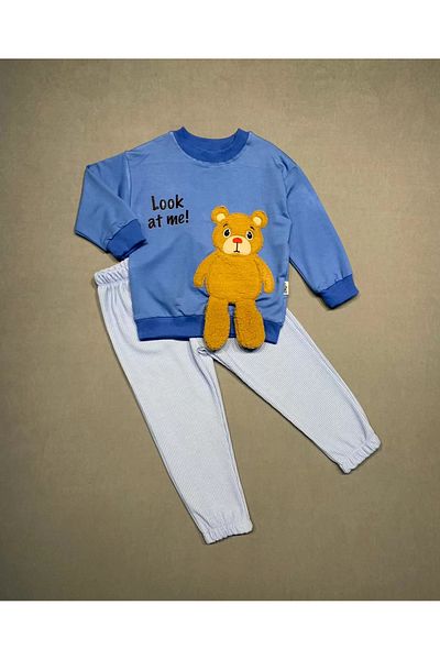 Mu Art Ahşap 2-3-4 Years Old Teddy Bear Rocking Foot Patterned Lycra Combed Fabric Sweat Trousers 2-Piece Children's Set for Girls and Boys