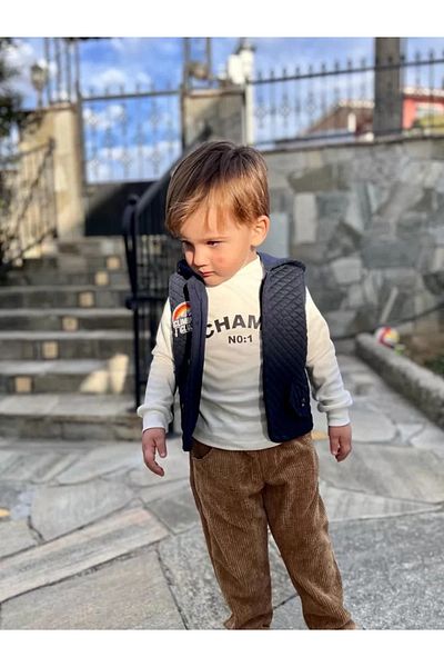 Mu Art Ahşap 3-4-5 Years Old Corduroy Trousers Quilted Hooded Vest Long Sleeve Sweat 3-Piece Boy's Set F
