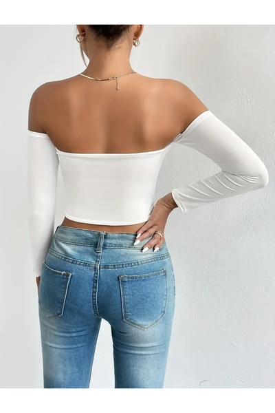 Olyssia Bluză crop albă cu guler Madonna mulat pentru femei