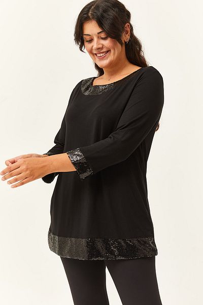 Ebsumu Women's Plus Size Black Blouse with Sequin Detail