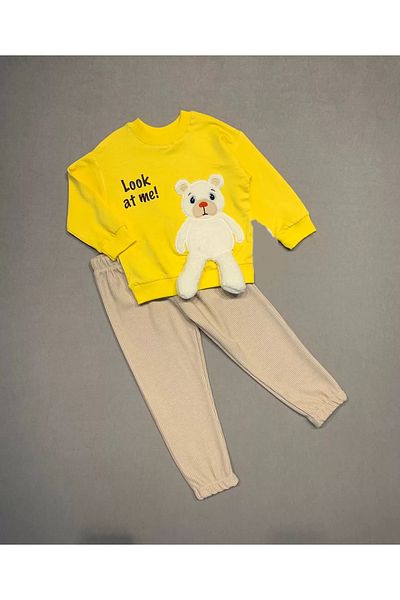 Mu Art Ahşap 2-3-4 Years Old Teddy Bear Rocking Foot Patterned Lycra Combed Fabric Sweat Trousers 2-Piece Children's Set for Girls and Boys