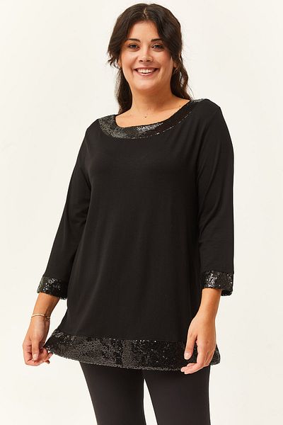 Ebsumu Women's Plus Size Black Blouse with Sequin Detail