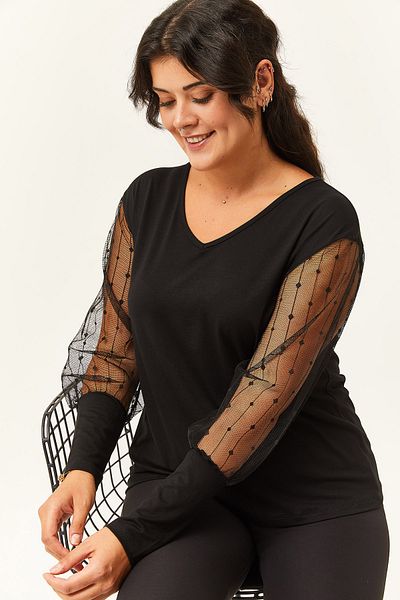 Ebsumu Women's Large Size Transparent Stripe Sleeve Detailed Black Blouse