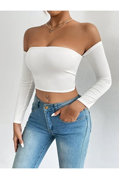 Olyssia Bluză crop albă cu guler Madonna mulat pentru femei
