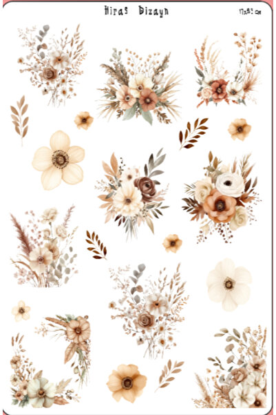 Hiras Dizayn 17x25 cm Bohem Soft Çiçekler Sticker Sayfası Çıkartma Laptop Eti...