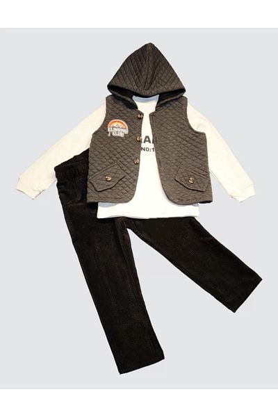 Mu Art Ahşap 3-4-5 Years Old Corduroy Trousers Quilted Hooded Vest Long Sleeve Sweat 3-Piece Boy's Set F
