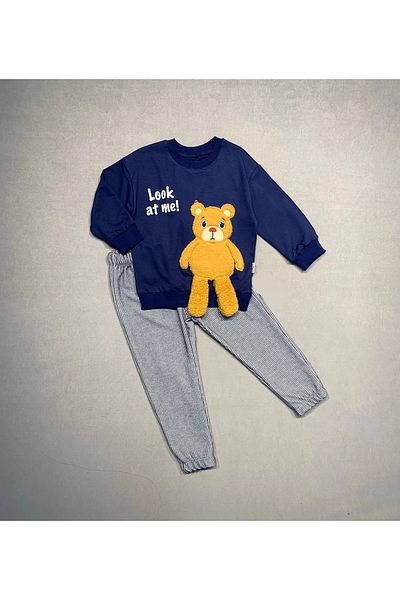 Mu Art Ahşap 2-3-4 Years Old Teddy Bear Rocking Foot Patterned Lycra Combed Fabric Sweat Trousers 2-Piece Children's Set for Girls and Boys