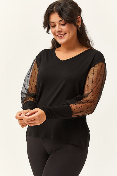 Ebsumu Women's Large Size Transparent Stripe Sleeve Detailed Black Blouse