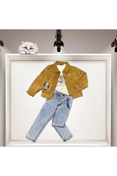 Mu Art Ahşap 3-4-5 Years Old Corduroy Jacket and Jeans Trousers 3-Piece Girl Boy Set Mustard