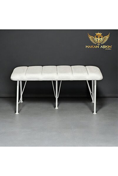 BY HAKAN AŞKIN Beyaz Metal Ayaklı 100 Cm Line Style 2025 Soft Ekru Puf & Benc...